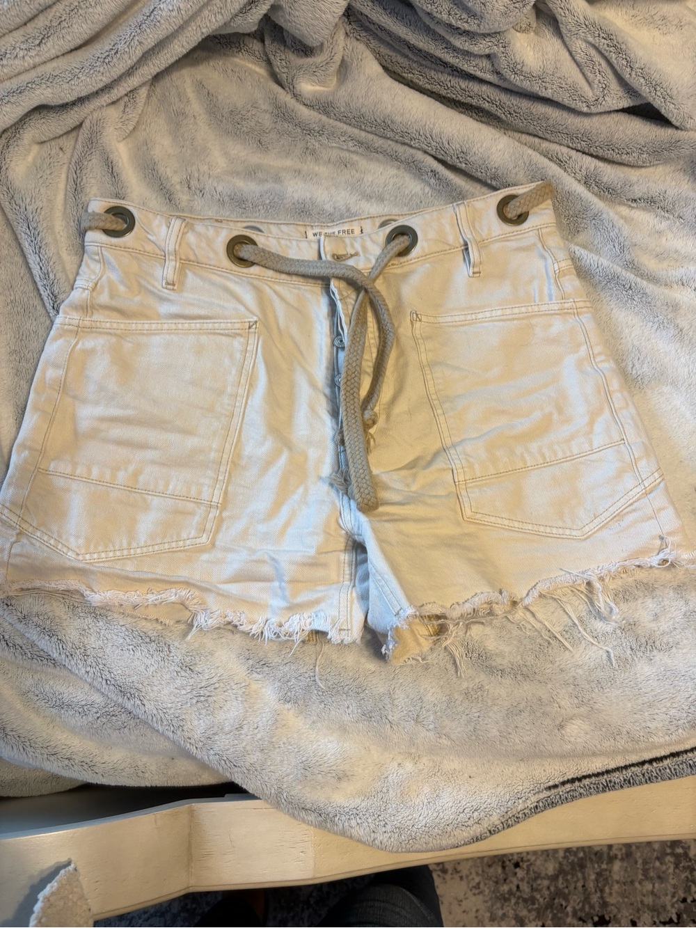 We The Free Off-White Frayed Hem Drawstring Jean Shorts